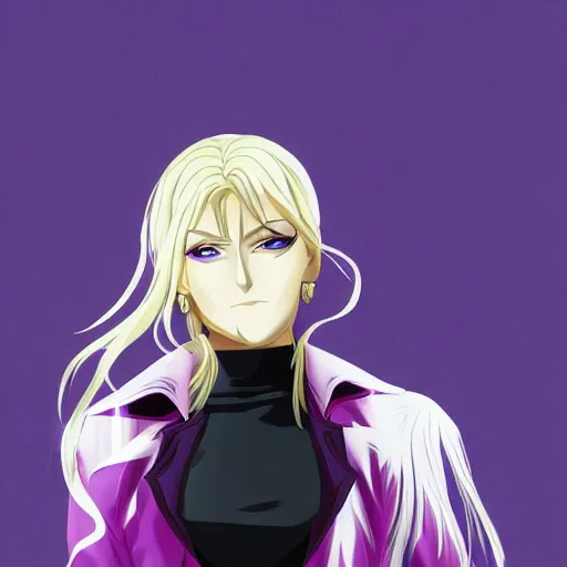 Prompt: blonde girl with purple eyes wearing a black coat in jojo bizarre adventure art style, 4k anime resolution