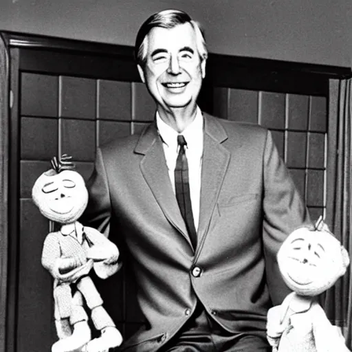 Image similar to mr. rogers proudly displaying a hand - carved mr. rogers marionette. 1 9 7 0 s photo.