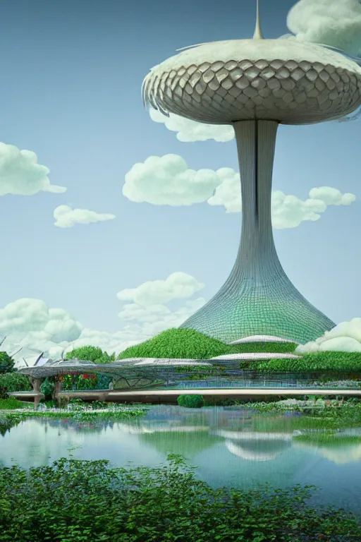 Image similar to expo 6 7 pavillion, solarpunk, studio ghibli, jean - baptiste monge, octane render, 4 k, symmetry