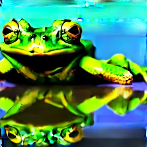 Image similar to The Wednesday frog and all his orbs hanging out, high quality render, realistic reflections, reflective surfaces, natural lighting, the orbs of BYOB, The Wednesday Frog, background details, highly a detailed, hyper realistic, orbs, orbs, orbs!!!