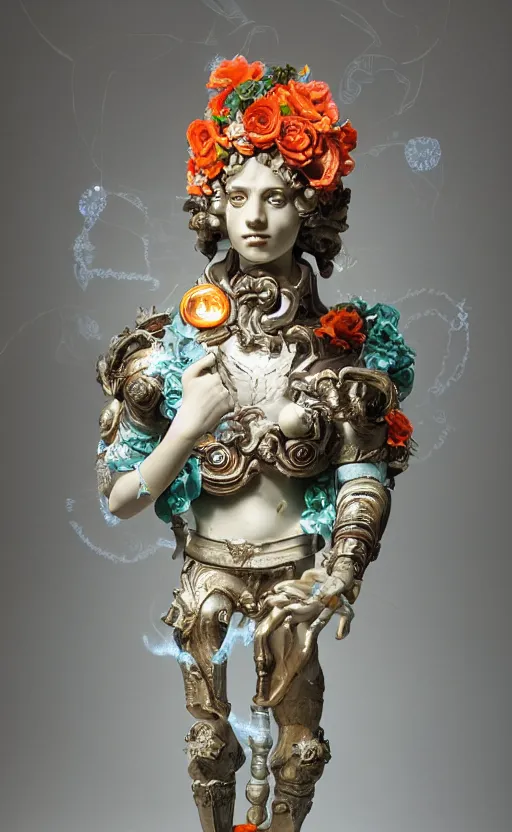 Prompt: a young handsome latino porcelain prince sculpture with a face of a CRT monitor and a large glowing orange crystal in the center of his chest, full-body bronze cyberpunk style statue of Andromeda with glowing green laser eyes, crown of mechanical roses, flowing aqua silk, fabric, steampunk flowers. baroque elements, human hands. full-length view. baroque element. intricate artwork by caravaggio. many flying horses on background. Trending on artstation, octane render, cinematic lighting from the right, hyper realism, octane render, 8k, depth of field, 3D