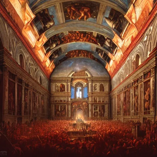 Prompt: the sistine chapel's ceiling is broken in half as a red magical portal from hell opens up, lucifer morningstar emerges along with a few demons, the priests and the pope look at the scene with terror in their eyes. highly detailed painting by gaston bussiere, greg rutkowski, craig mullins 8 k