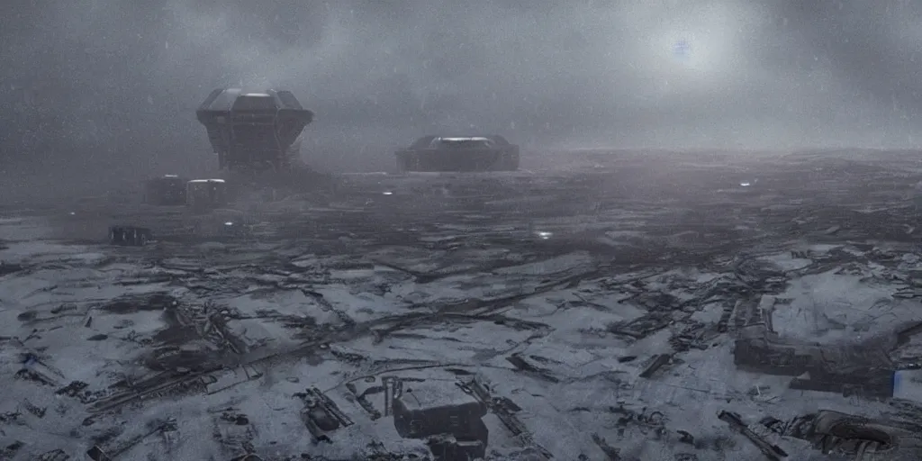 Prompt: hadley's hope base from movie aliens on lv 4 2 6 in the middle of the storm, atmosphere processor in the background, night, photorealistic, highly detailed, wide angle