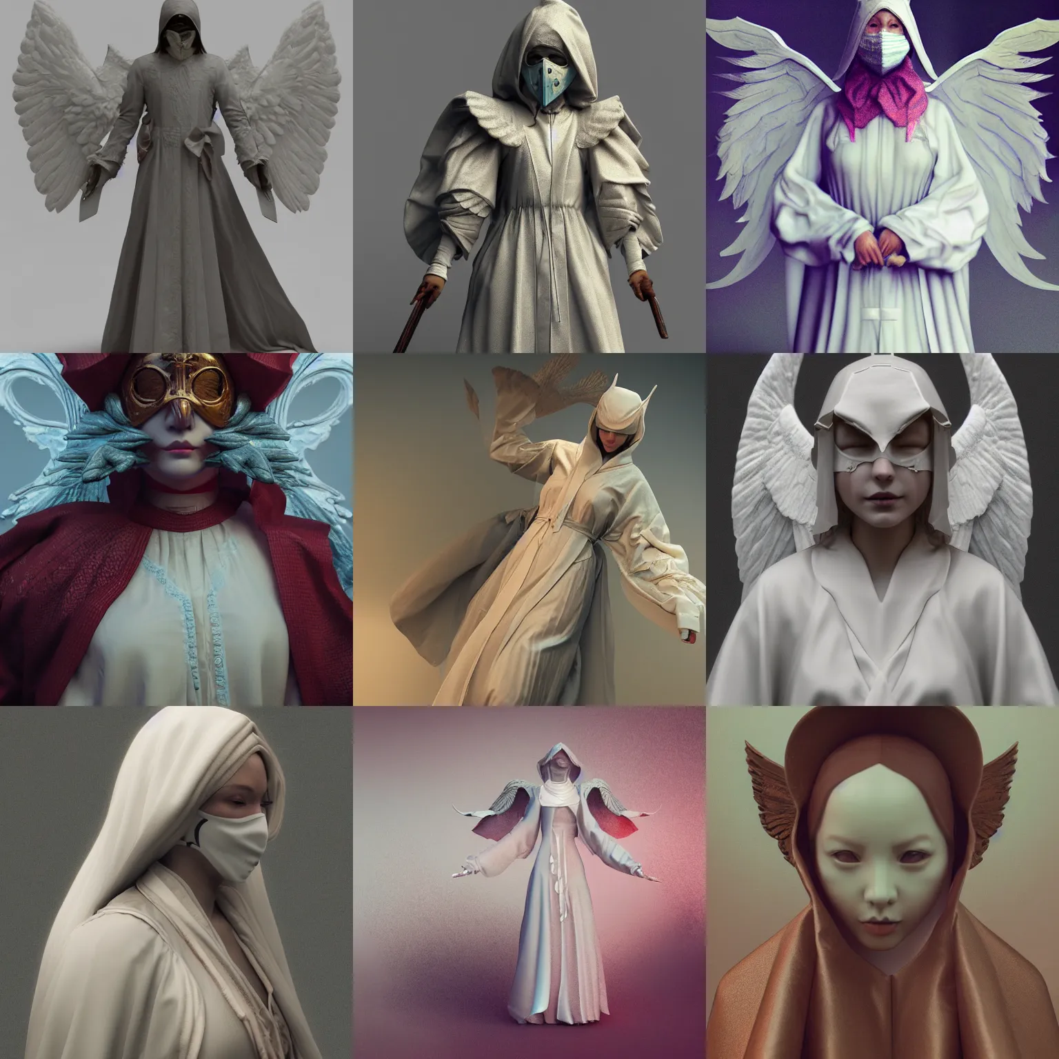 Prompt: Masked Angel in Edwardian robes, Ruan Jia, pastelwave, Y2K aesthetic, glitchcore, 3d render, rendered in Arnold, Hyperdetailed, stylized