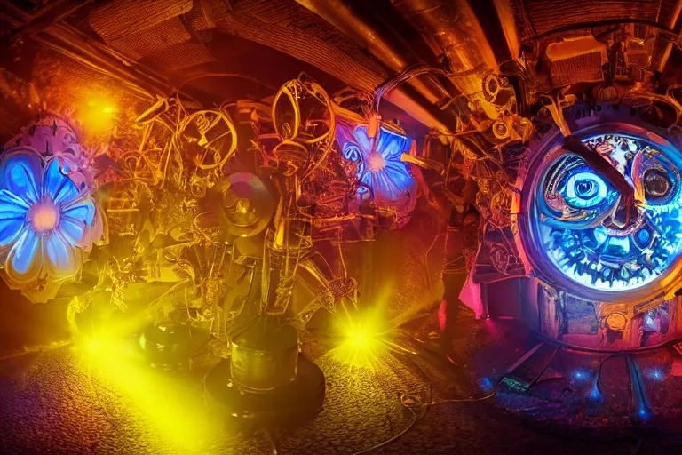 Image similar to scene is flower power party in pacha in ibiza, portrait photo of a giant huge golden and blue metal steampunk robot, with gears and tubes, eyes are glowing red lightbulbs, shiny crisp finish, 3 d render, 8 k, insaneley detailed, fluorescent colors, haluzinogetic, background is multicolored lasershow