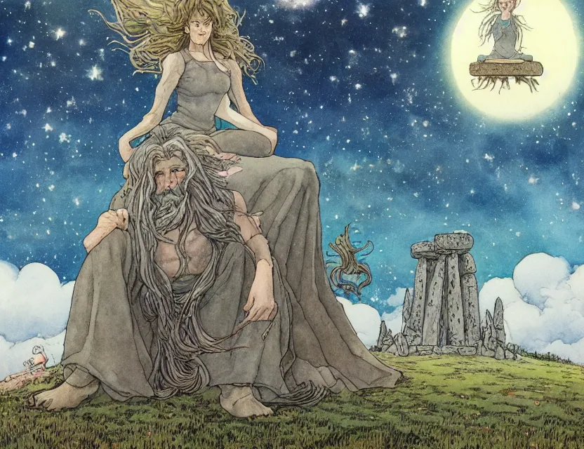 Image similar to a hyperrealist studio ghibli watercolor fantasy concept art of a giant long haired grey witch in lotus position sitting on top of stonehenge with a starry sky in the background. a ufo is in the sky. by rebecca guay, michael kaluta, charles vess