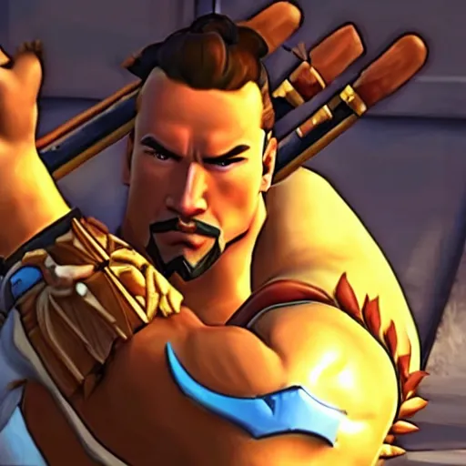 Image similar to a screenshot of arnold schwarzenegger as hanzo in overwatch