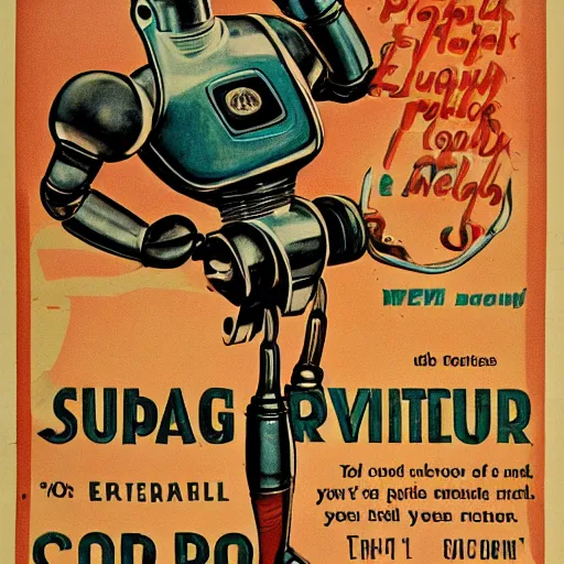 Prompt: vintage advertisement of a futuristic metallic rusted detailed robot meat packer 24mm aged photo