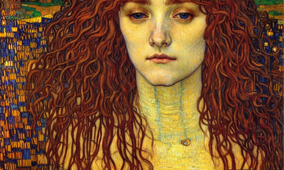 Image similar to detailed realistic beautiful young medieval queen face portrait by jean delville, gustav klimt and vincent van gogh, art nouveau, symbolist, visionary, gothic, pre - raphaelite, muted earthy colors, desaturated