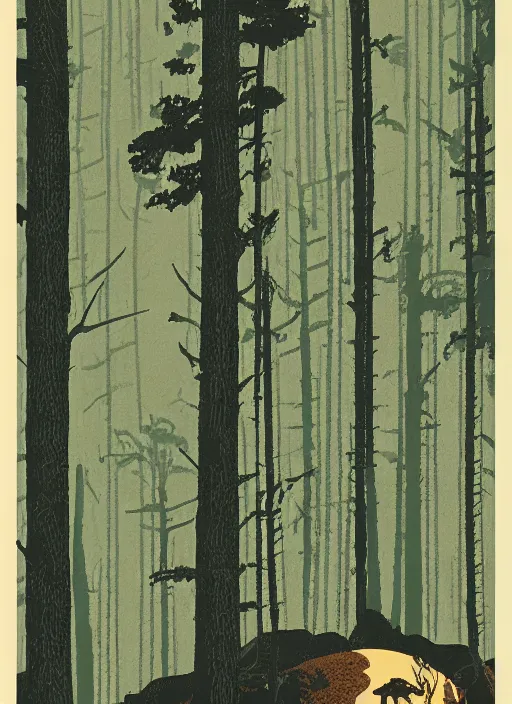 Prompt: a mid-century modern travel poster of Ghostwood National Forest, Twin Peaks