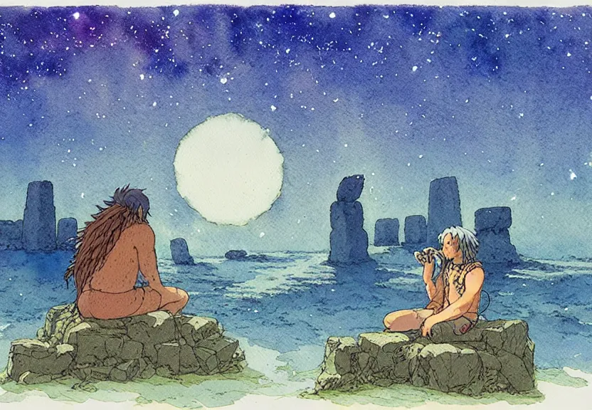 Image similar to a simple watercolor studio ghibli movie still fantasy concept art of a giant native american man sitting on a tiny stonehenge in the ocean. it is a misty starry night. by rebecca guay, michael kaluta, charles vess