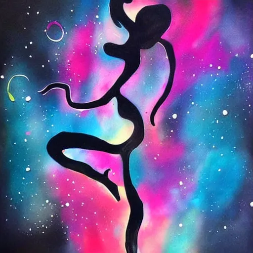 Prompt: abstract ink and acrylic painting, ink drawing shape of a dancing beautiful woman silhouette!, pouring, sprays, nebulae colors, black dark blue purple and pink color scheme, curves, starfield, artstation, pinterest
