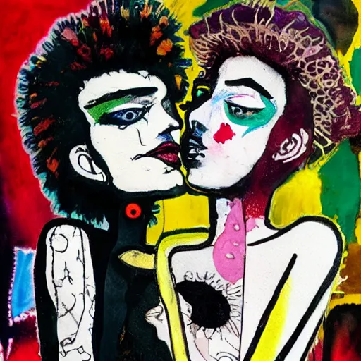 Image similar to watercolor painting of two bizarre psychedelic goth women kissing each other closeup in a cafe in japan, speculative evolution, mixed media collage by basquiat and jackson pollock, maximalist magazine collage art, sapphic art, lesbian art, chemically damaged