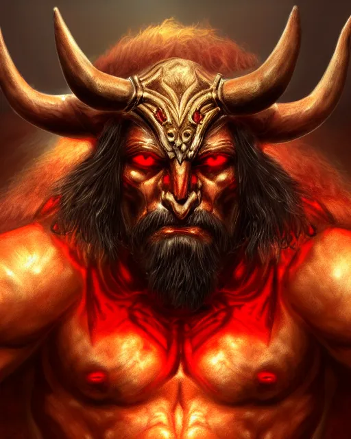 Prompt: minotaur from path of exile, muscular, portrait, digital painting, highly detailed, intricate, trending on artstation