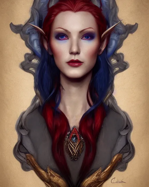 Prompt: A detailed matte oil on canvas head on symmetrical portrait of a distinguished elven woman with red and blue hair (((((makeup))))) by Charlie bowater and lise deharme wlop, trending on artstationhd, dungeons and dragons art, critical role, split hair, half and half dye
