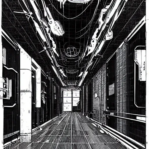 Prompt: ominous space station hallway by tsutomu nihei, inked, minute details, desolation, hyper realistic, cosmic horror, biomechanical, beautiful