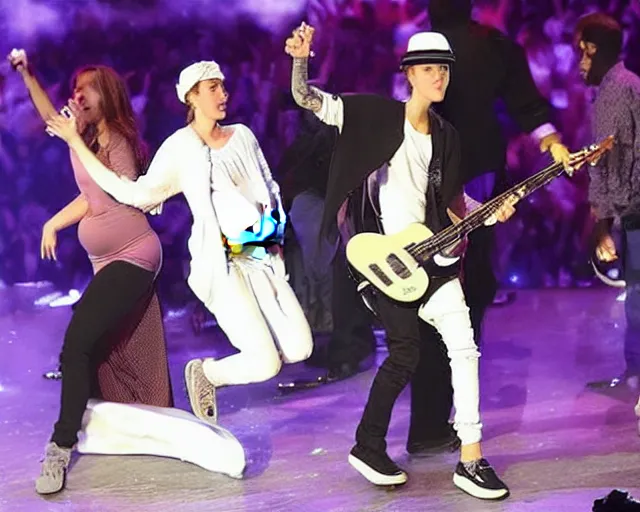 Prompt: “Justin Bieber pregnant while performing on stage”