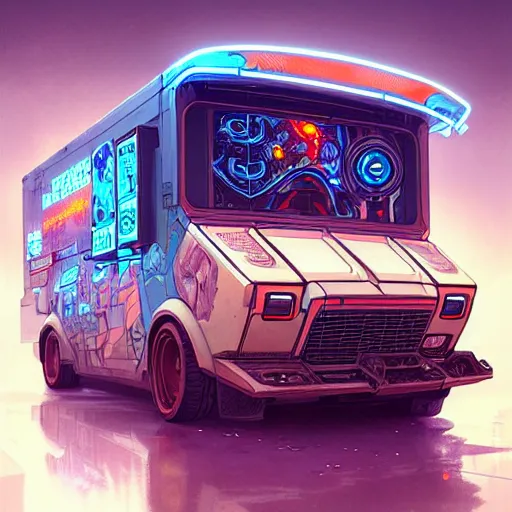 Image similar to a cyberpunk ice cream truck digital painting, intricate, elegant, highly detailed, artstation, concept art, matte, sharp focus, illustration, art by Artgerm and Greg Rutkowski and Alphonse Mucha