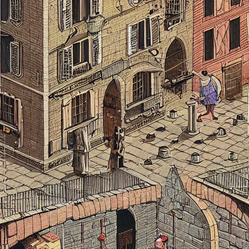 Image similar to isometric view illustration of a medieval Marseille street corner, highly detailed, mid day by Victo Ngai