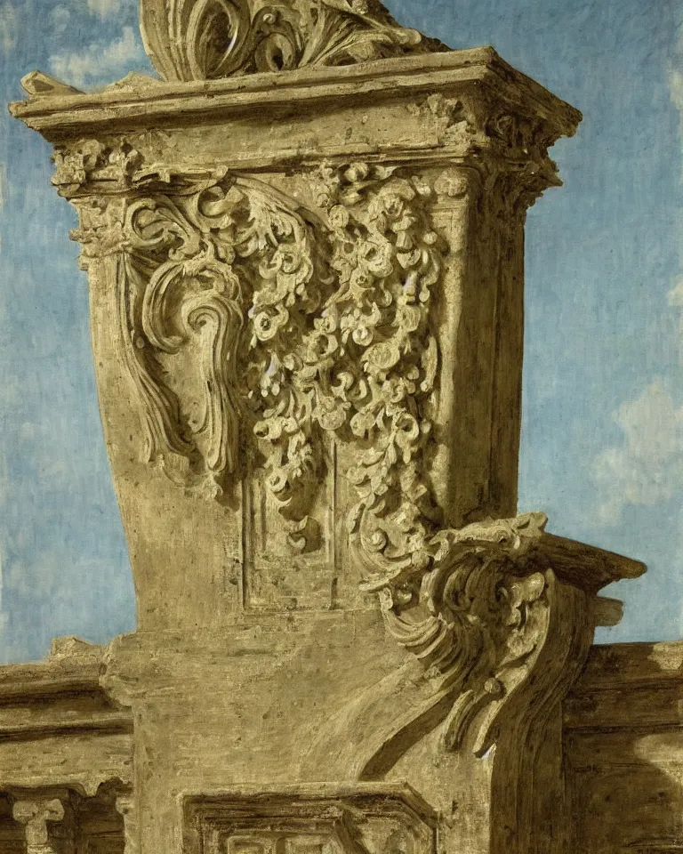 Prompt: achingly beautiful painting of intricate ancient roman corinthian capital on olive drab background by rene magritte, monet, and turner. giovanni battista piranesi.