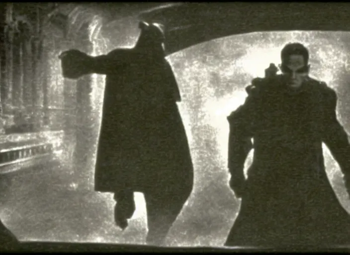 Prompt: scene from the 1909 science fiction film The Matrix