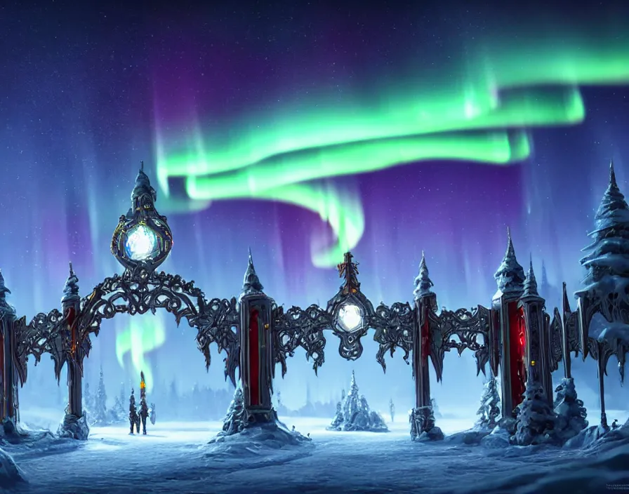 Prompt: a very detailed concept art of intricate and well designed eldar gates to north pole, infused with aurora borealis, dynamic lighting, trending on artstation, path traced, highly detailed, high quality, digital painting, digital art, 4 k, hyper realistic, octane render, sharp focus