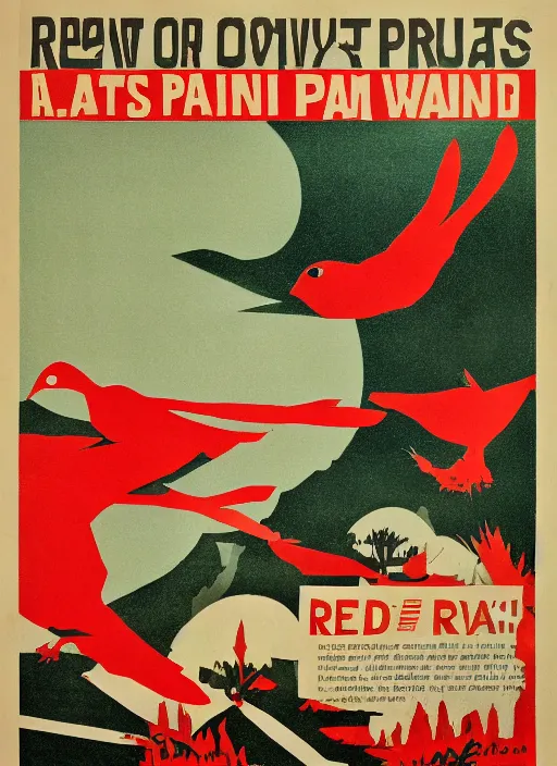 Image similar to propaganda poster instructing to run away from red birds