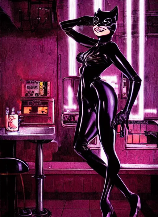 Prompt: catwoman, in a classic 8 0 s diner, atmospheric, intricate, glowing lights, volumetric light, highly detailed, digital painting, illustration, art by franquin