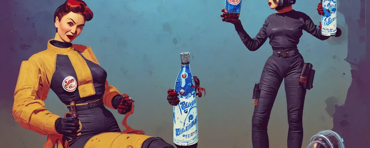 Prompt: duotone noir concept illustration 3 / 4 portrait of vintage female fallout 4 model in retro space suit advertising bottles nuka cola. accidental renaissance. by sachin teng and sergey kolesov and ruan jia and heng z. graffiti art, scifi, fantasy, hyper detailed. octane render. concept art. trending on artstation