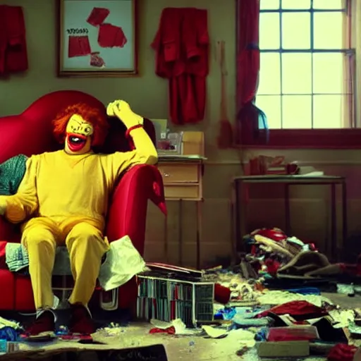 Image similar to ronald mcdonald sitting in an armchair in a cluttered apartment, gritty, film, somber