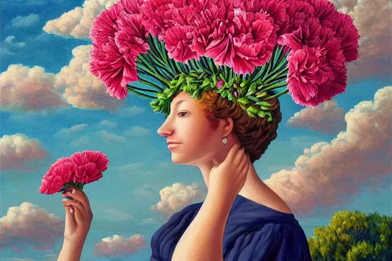 Image similar to giant carnation flower head, woman sitting, surreal, clouds in sky, impressionist painting, digital painting, artstation, rob gonsalves