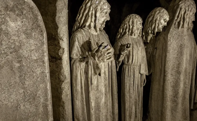 Image similar to several decrepit creepy statues of the archangel gabriel looking at the camera, placed throughout a dark claustrophobic old catacomb cavern, realistic, underexposed photography, bad camera footage, wide shot, sinister, bad lighting, foreboding, grainy photo