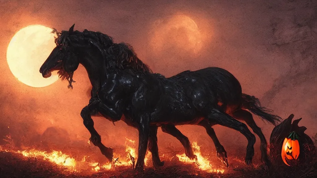 Prompt: rampant ( ( black horse ) ) with fiery eyes, a headless!!! colonial rider!!!! holds a ( jack - o - lantern ), background gnarled trees and large supermoon, in the styles of greg rutkowski, keith parkinson, and john quidor, intricate, detailed, volumetric lighting