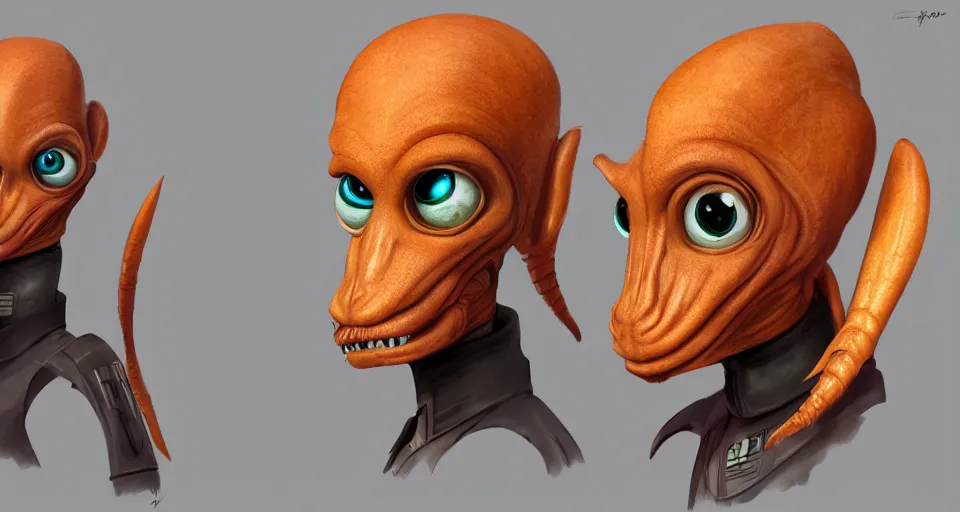 Image similar to character design portrait of alien fish scientist, 3D render, cartoon, star wars alien, ratchet and clank concept art, artstation