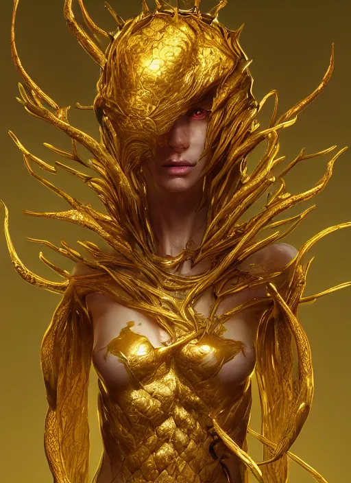 Image similar to female golden venom, naturel, hyper detailed, digital art, trending in artstation, cinematic lighting, studio quality, smooth render, unreal engine 5 rendered, octane rendered, art style by klimt and nixeu and ian sprigger and wlop and krenz cushart