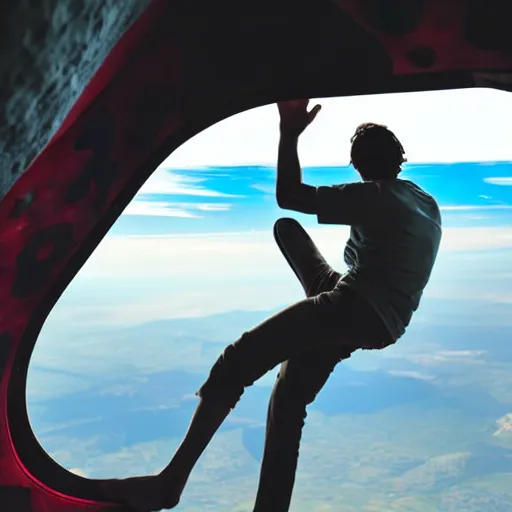 Image similar to a man in an airplane is watching his friends bouldering