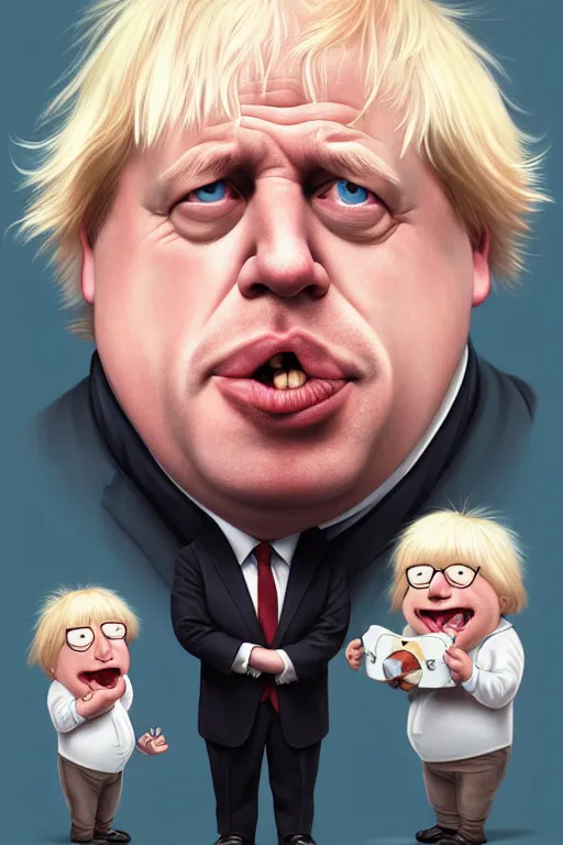 Prompt: Boris Johnson as a Family Guy character, realistic portrait, symmetrical, highly detailed, digital painting, artstation, concept art, smooth, sharp focus, illustration, cinematic lighting, art by artgerm and greg rutkowski and alphonse mucha