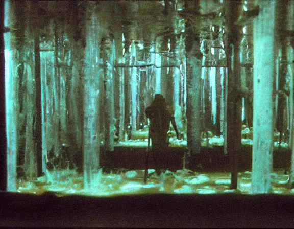 Image similar to forest glen opening with figure film still 1 9 9 2 industrial neon water mold rot