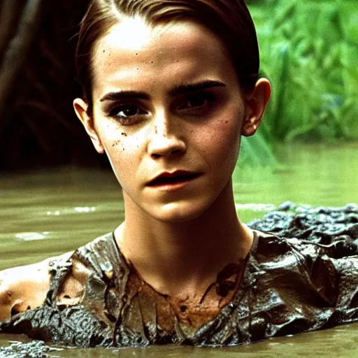 Prompt: film still, close up, emma watson rising out of muddy vietnam river, face covered in mud, low camera angle at water level, film still from apocalypse now ( 1 9 7 9 ), 2 6 mm,