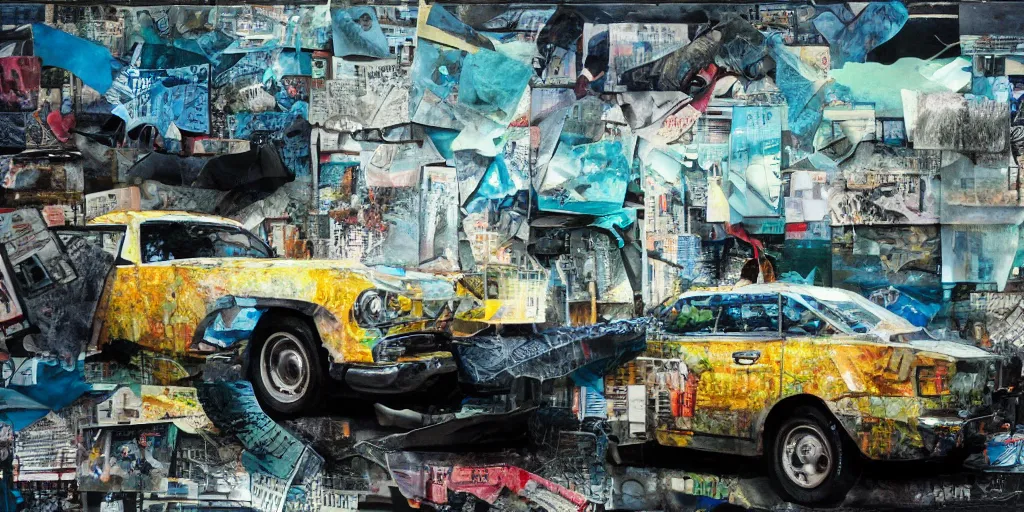 Prompt: car wash, collage paper and tape, acrylic on canvas and hyperrealism mixed with collage, high resolution, cinematic, unreal 6, breathtaking detailed, by peter bankov