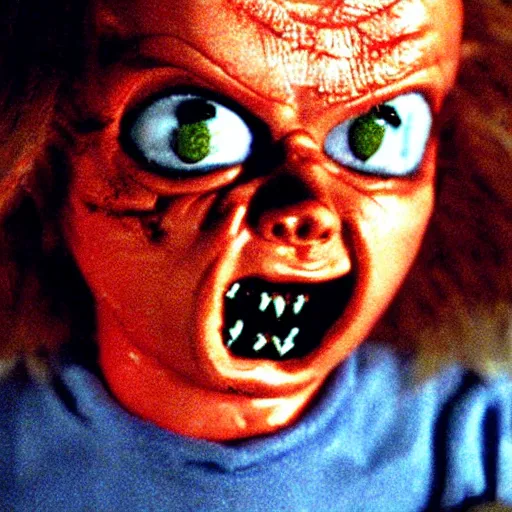 Image similar to Evil creepy looking Chucky the killer doll from Child's Play surrounded by zombies in the movie Dawn of the Dead