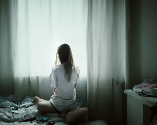 Prompt: a movie still of lone anime girl in white tshirt is sitting on poor bed in pale colors room in dark russian flat, perfect faces, fine details, anime, cinestill