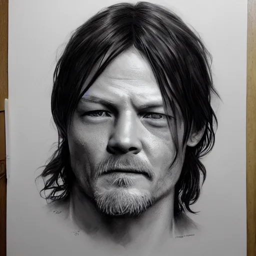 Image similar to amazing lifelike award winning pencil illustration of Norman Reedus (the walking dead) trending on art station artgerm Greg rutkowski alphonse mucha cinematic