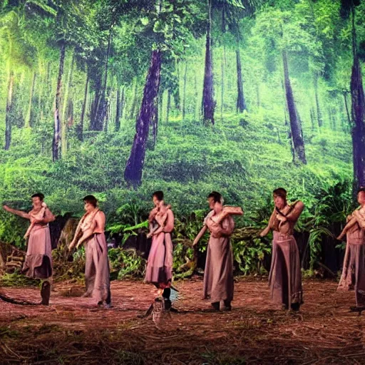 Image similar to high quality, high detail, an opera performance about deforestation in kalimantan forest, photorealistic lighting