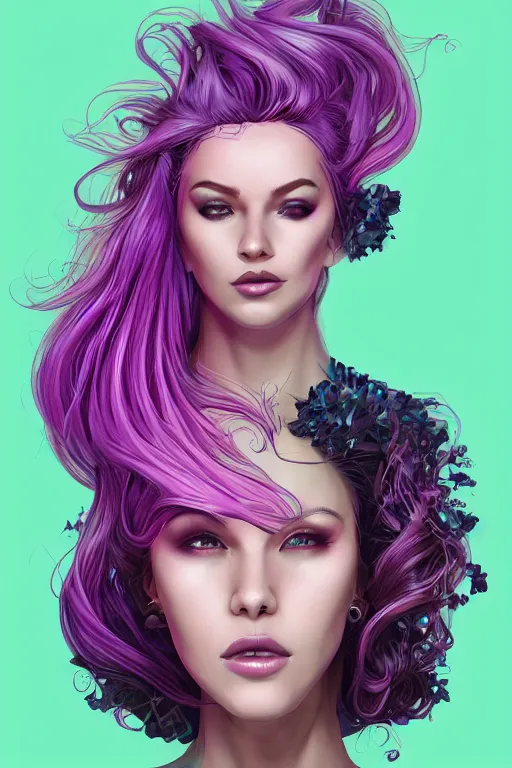 Image similar to a award winning half body porttrait of a beautiful woman in a croptop with ombre purple pink teal hairstyle with head in motion and hair flying by marvel comics and sandra chevelier, outrun, vaporware, illustration, digital art, trending on artstation, highly detailed, fine detail, intricate