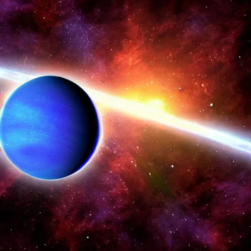 Prompt: Blue exoplanet in space in front of a purple nebula