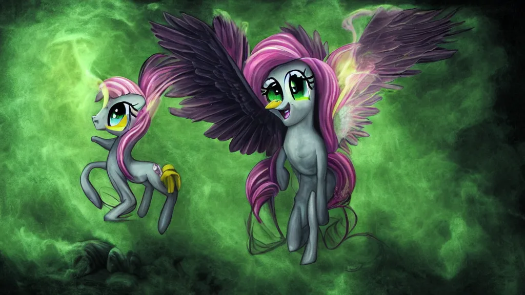 Prompt: Renaissance painting of Fluttershy from My Little Pony as a necromancer, standing over a tomb stone, bright green swirls coming up it, glowing aura around her, pitch black background, dramatic and colorful lighting, floating green chibi glowing skulls, smoke all around, insane special effects, 4k, HDR, camera angle looking up at her from the ground, bones lying on the ground, inside a crypt, skeletons rising from the dead, artwork, gothic style, detailed feathers, detailed faces with large eyes and pupils