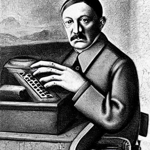 Prompt: hitler using a computer, realistic, detailed by da vinci