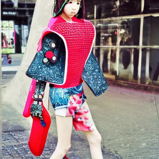 Prompt: fruits magazine steetwear photo of cute cool fashion worn by teens teens in the far future, futuristic!!! haute couture fashion!!!!, nanotechnology cybernetics!!! solar power prosthetic, style of ai yazawa