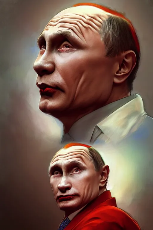 Image similar to vladimir putin as a stupid clown, realistic portrait, symmetrical, highly detailed, digital painting, artstation, concept art, smooth, sharp focus, illustration, cinematic lighting, art by artgerm and greg rutkowski and alphonse mucha